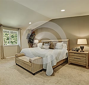 Elegant beige and brown bedroom interior with pale blue bedding