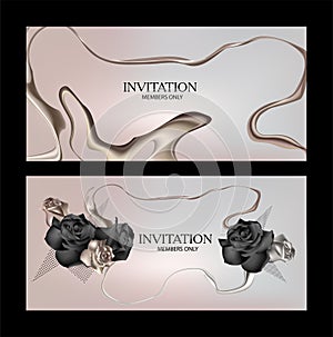 Elegant beige invitation cards with gold and black roses and liquid metallic strokes.