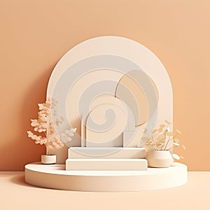An Elegant Beige Podium Display with Garden Florals with Serene Presentation Platform. photo