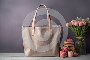 Elegant Beige Tote Bag with Pink Blooms