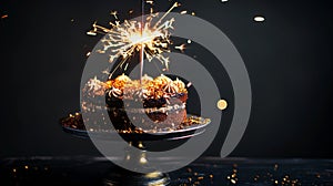 Elegant birthday cake with sparklers on a dark background. Copy space. Party invitation template. Generative AI