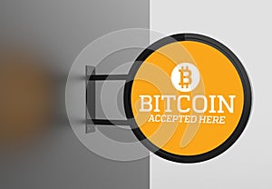 Elegant bitcoin accepted here signboard. 3D illustrating.