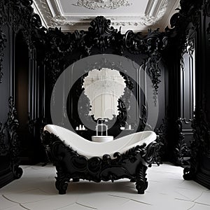 Elegant Black Bathroom With Photorealistic Rococo Design