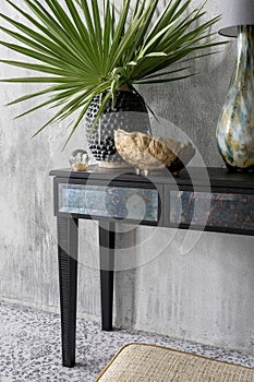 Elegant black console table with aesthetic decorations