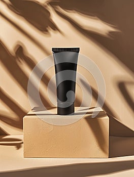 Elegant black cosmetic tube mockup on beige textured block with artistic shadows.