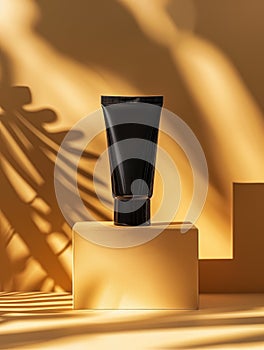 Elegant black cosmetic tube mockup on beige textured block with artistic shadows.