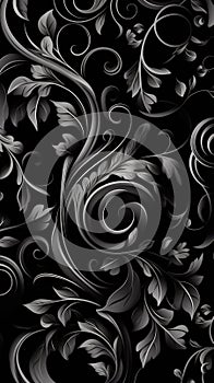 Elegant Black Floral Swirls. Graceful black floral patterns with swirling tendrils on a dark background.