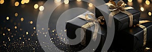 Elegant Black Gift Boxes with Gold Ribbon on Glittering Background