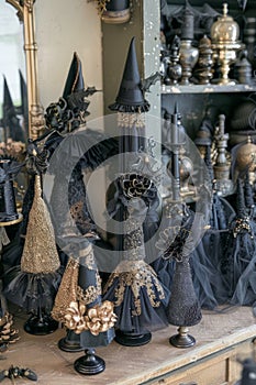 Elegant Black and Gold Handcrafted Halloween Witches Decor on Vintage Shelf Display