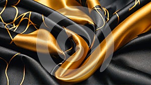 Elegant black and gold silk satin fabric background. Highly detailed and wavy two-tone fabric texture. AI-Generated