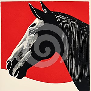 Elegant Black Horse Head Linocut Print On Red Background