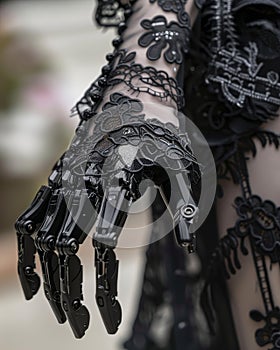 Elegant black lace glove on a robotic hand