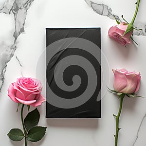 elegant black leather wallet and pink roses on marble background