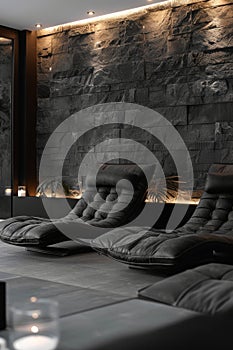 Elegant black lounge interior with modern design and ambient lighting