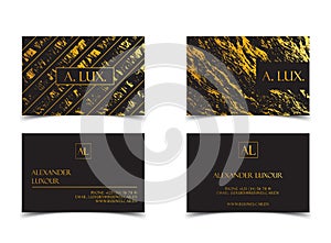 Elegant black luxury business cards with marble texture and gold detail vector template, banner or invitation with