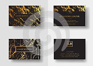 Elegant black luxury business cards with marble texture and gold detail vector template, banner or invitation with