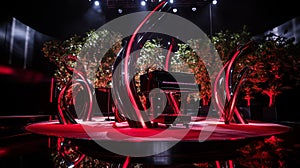 Elegant Black Music Note Sculpture Shining on Reflective Stage