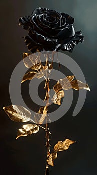 Elegant black rose with golden leaves on a dark background
