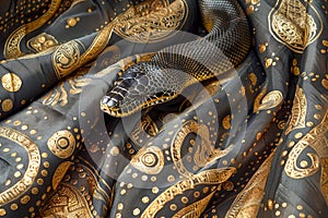 Elegant Black Serpent with Golden Patterns on Rich Textured Fabric Luxurious Wildlife Fashion Concept