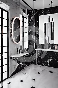 elegant black and white bathroom, interior image, Ai