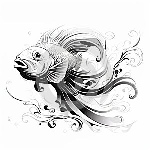 Elegant Black And White Fish Illustration With Swirling Vortexes