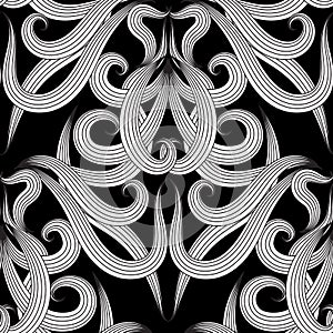Elegant black and white floral seamless pattern. Abstract ornamental monochrome background. Striped line art tracery flowers, lea