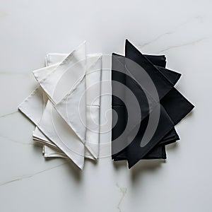 Elegant black and white folded napkins on pristine white background