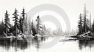 Elegant Black And White Forest Lake Painting