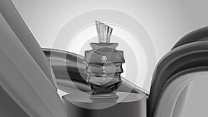 Elegant black and white stylized glass perfume bottle 3d realistic vector scene illustration.