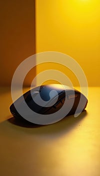 Elegant black wireless mouse against sunny yellow , studio, accessory, design