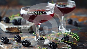 Elegant Blackberry Cocktails Garnished with Fresh Herbs