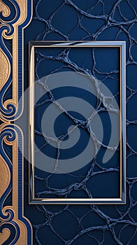 Elegant blank frame on a blue abstract background with golden details