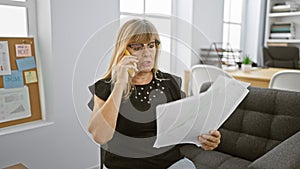 Elegant blonde boss woman in her middle age - relaxed, yet seriously engrossed in a business conversation on her smartphone, while