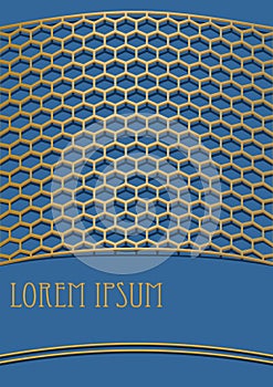 Elegant blue background with cambered golden 3d grid composed from hexagonal shapes. Template for book or diary cover, leaflet