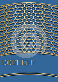 Elegant blue background with cambered golden 3d grid composed from hexagonal shapes. Template for book or diary cover, leaflet photo