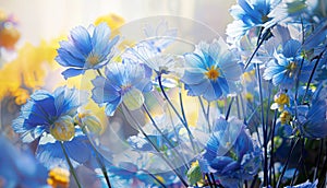 Elegant Blue Bouquet: Soft Light Bathes Serene Flowers, generative ai