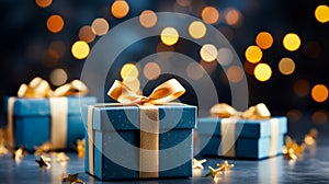 Elegant Blue Christmas Gift Boxes with Golden Ribbons on a Sparkling Defocused Holiday Background