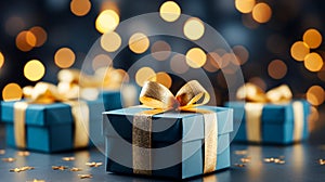 Elegant Blue Christmas Gift Boxes with Golden Ribbons on a Sparkling Defocused Holiday Background