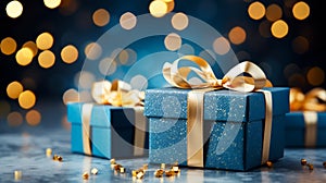 Elegant Blue Christmas Gift Boxes with Golden Ribbons on a Sparkling Defocused Holiday Background