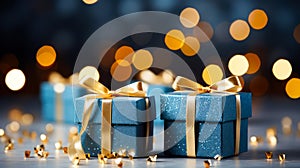 Elegant Blue Christmas Gift Boxes with Golden Ribbons on a Sparkling Defocused Holiday Background