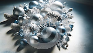 Elegant Blue Christmas Ornaments and Pine Cones Arrangement, AI Generated