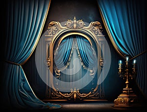 Generated AI elegant blue curtain and window background with ornate gold accents for compositing photo