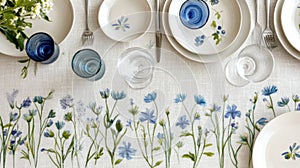 Elegant Blue Floral Table Setting with White Dinnerware