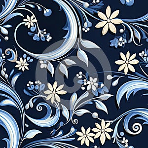 Elegant blue flower pattern with swirling colors and rococo whimsy (tiled)