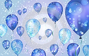 Elegant Blue Flying helium Balloons with Bokeh Effect and glitter. Wedding, Birthday and Anniversary Background. Vector