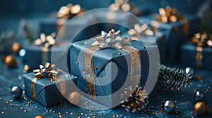 Elegant blue and gold gift boxes on festive background