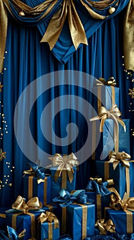 Elegant blue and gold gift boxes with festive curtains
