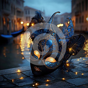 An elegant blue and gold masquerade mask resting by a serene canal illuminated by charming lights capturing Venices enchanting photo