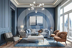 Elegant Blue Living Room Interior with Modern Furnishings and Ocean Artwork