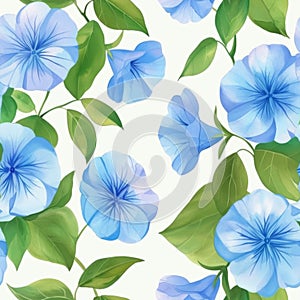 Elegant Blue Morning Glories Pattern on White Background photo